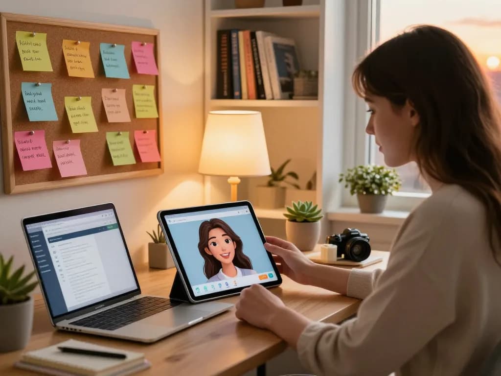 Young woman interacting with AI girlfriend app on a tablet, warm home setting.