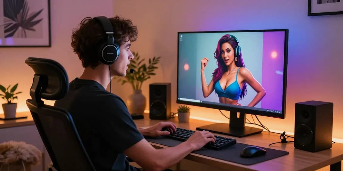 User interacting with a lifelike NSFW AI character on a modern workstation, showcasing immersive tech experience in 2026.
