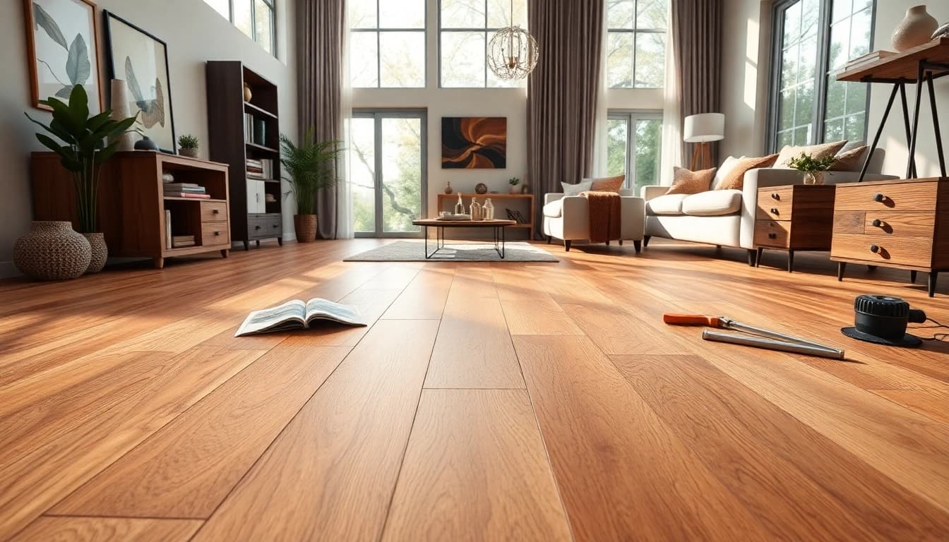 Showcase flooring companies near me with elegant wood and vinyl flooring options in a stylish interior space.