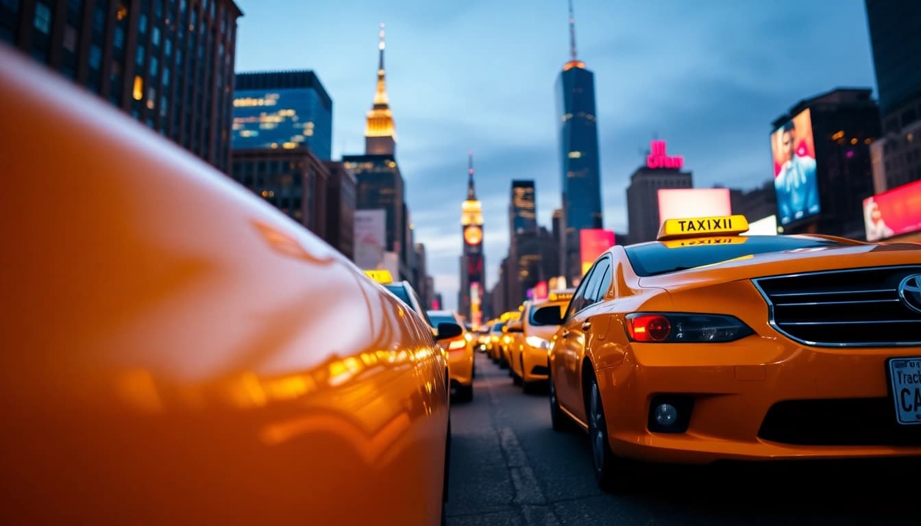 Taxis navigating through a lively city street at dusk, showcasing urban vibrancy.