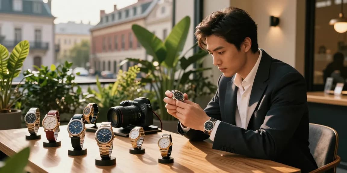 Inspecting high-quality clone watches amidst urban elegance and charm.