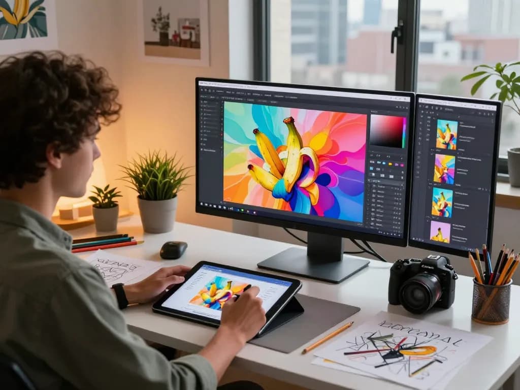 Digital artist using Nano Banana AI for creative image editing in a vibrant workspace.