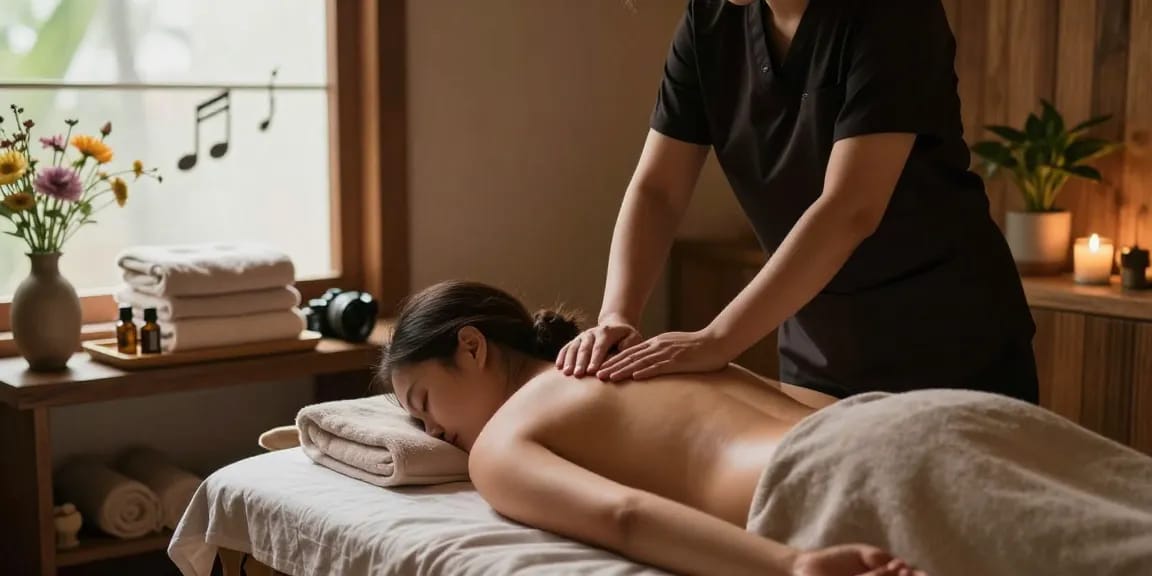 파주출장마사지 session in a serene spa, therapist soothingly treating a client.