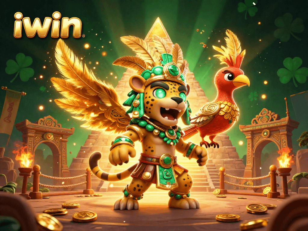 Experience iwin’s thrilling casino atmosphere with a dynamic illustration of a Mayan jaguar priest and quetzal bird.