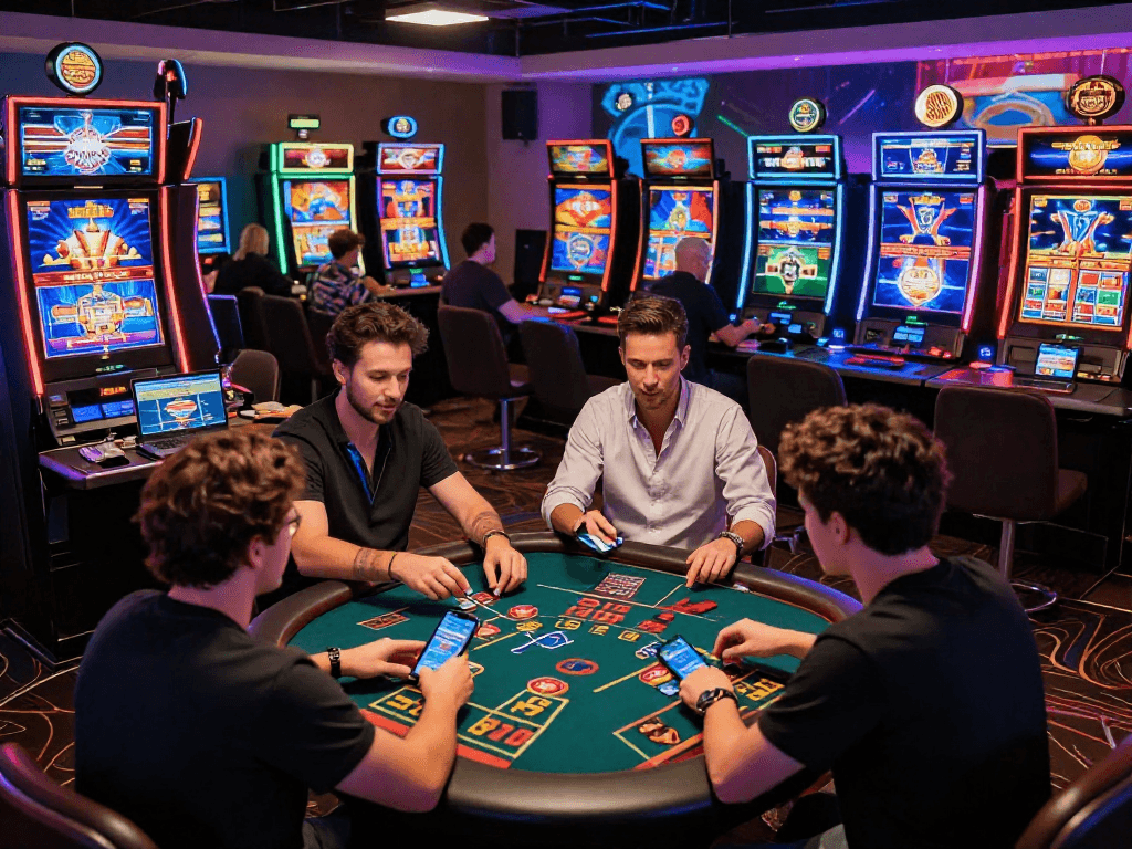 Engaging online casino experience for UK players at USA casinos, showcasing diverse games and lively atmosphere.