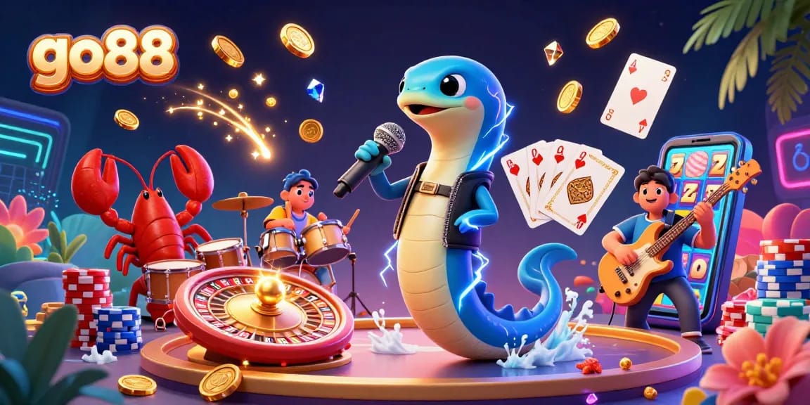 go88 electrifies players with its vibrant casino scene featuring an electric eel DJ and dynamic game elements.
