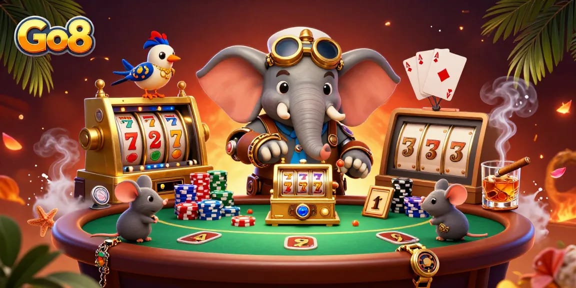 Experience the thrilling Go8 casino scene with a steampunk elephant and poker elements in action.