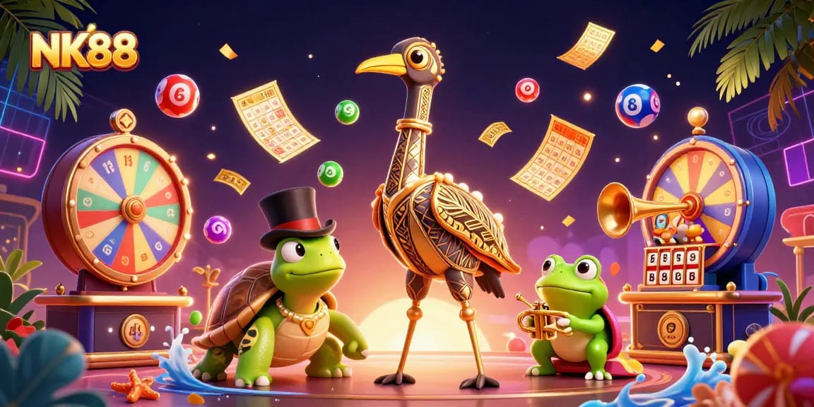 Win at NK88 with our vibrant, engaging lottery scene featuring a colorful backdrop.
