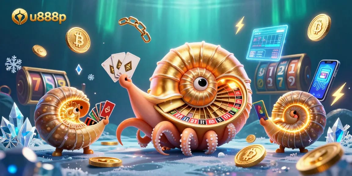 Engage with u888p's vibrant casino scene featuring a nautilus roulette and glowing crypto elements.