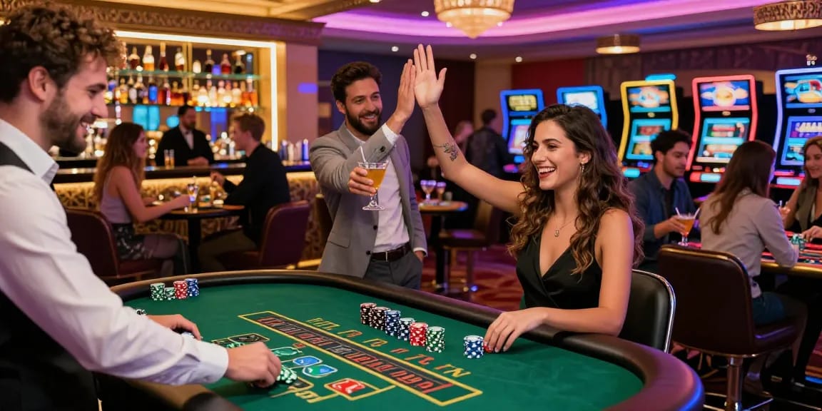 Exciting night at the best credit card casinos with friends celebrating wins at blackjack and vibrant casino lights.