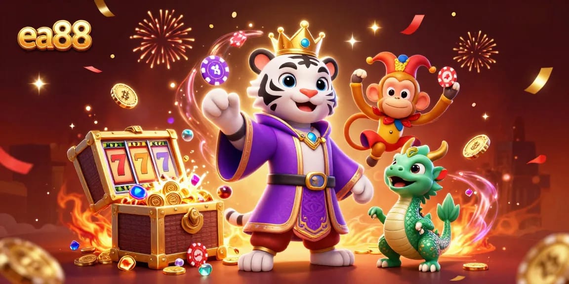ea88 welcomes players with vibrant casino imagery including a white tiger, monkey, and dynamic game elements.