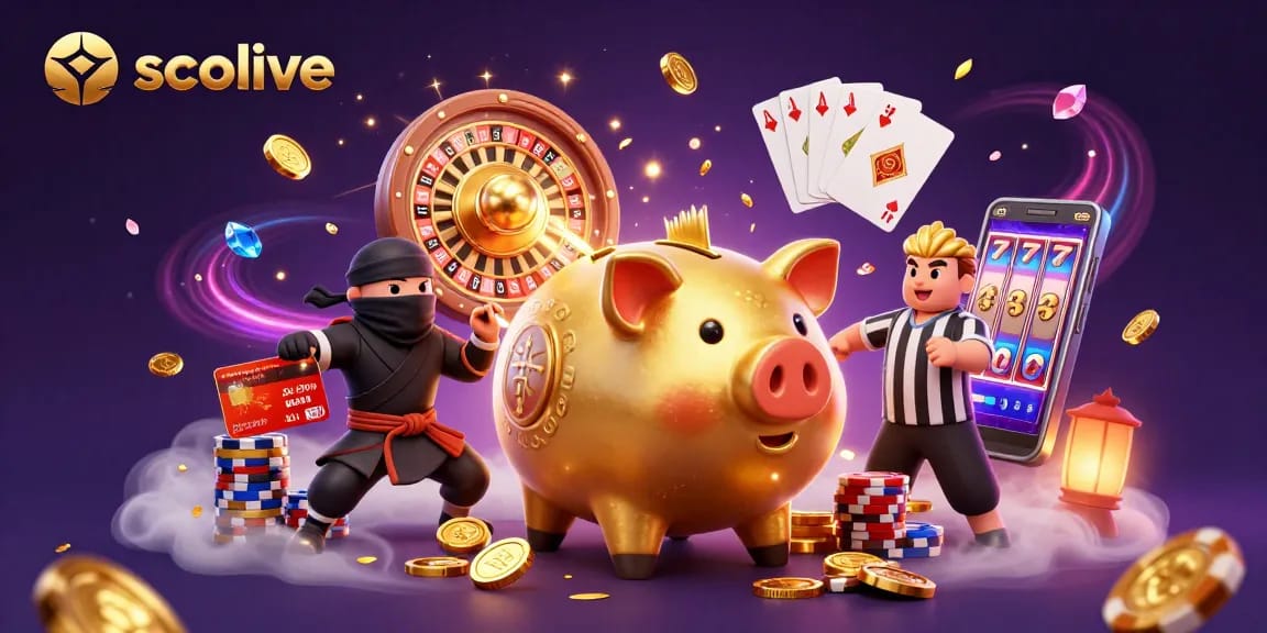 Socolive offers exciting sports betting action, featuring a golden piggy bank sumo wrestler amid dynamic gaming elements.