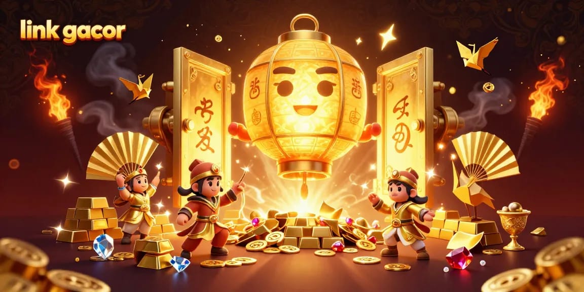 Engage with the vibrant world of link gacor through dynamic casino-themed illustration filled with gold and luck.