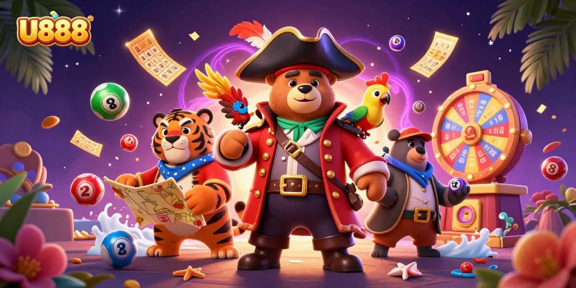 Join the excitement of U888 with a vibrant 3D casino scene featuring a pirate bear and tiger.