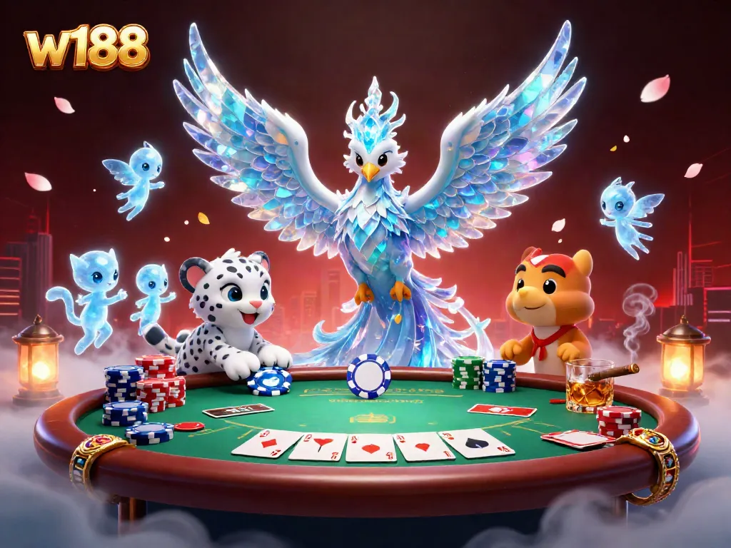 Experience thrilling gameplay with w188 as a vibrant ice phoenix, poker elements, and lively sprites come alive.