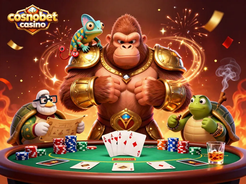 Experience the thrills of cosmobet casino with an animated scene featuring a gorilla king and poker elements.
