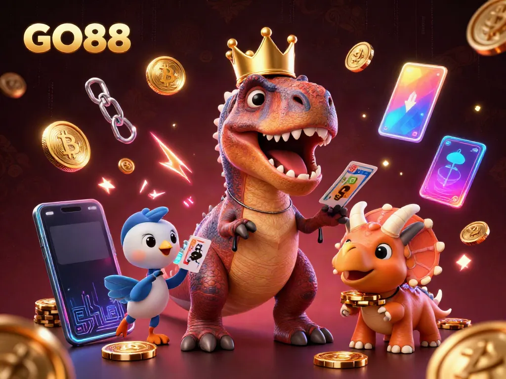 GO88 interactive scene featuring a T-Rex card shuffling with vibrant casino game elements surrounding.