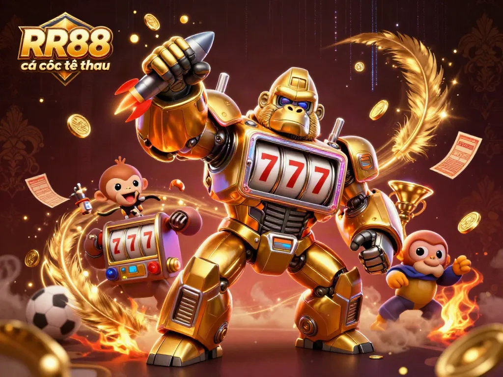 Experience RR88 cá cược thể thao with dynamic sports betting visuals and animated trophy elements.