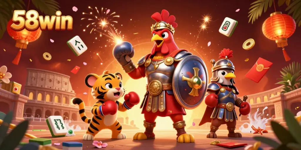 Experience thrilling gaming at 58win with a vibrant illustration of a gladiator rooster in a casino arena.