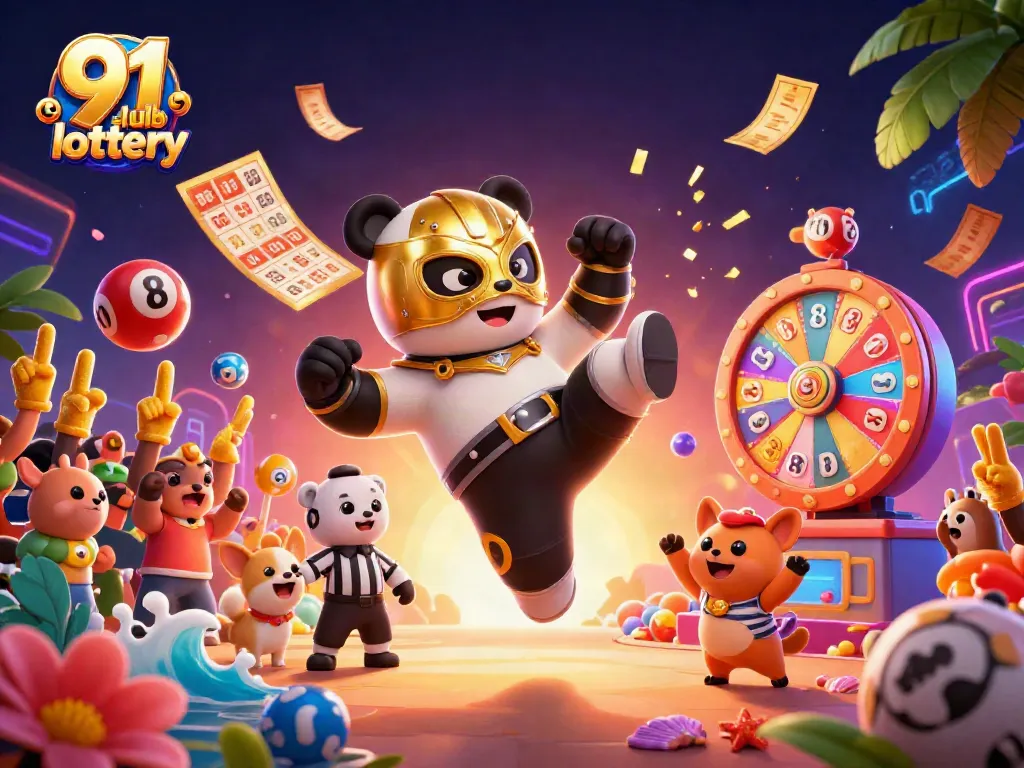 Engaging 91 club lottery scene with animated characters, colorful lottery aspects, and exciting gaming elements