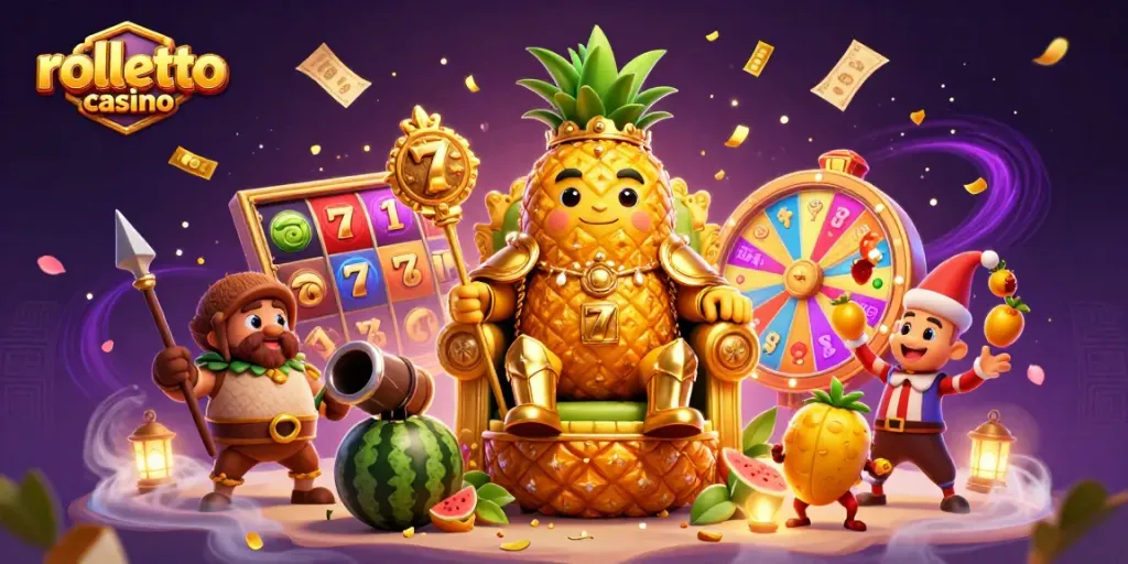 Engaging scene showcasing rolletto casino with the golden pineapple king, lively jackpot elements, and vibrant beach atmosphere.