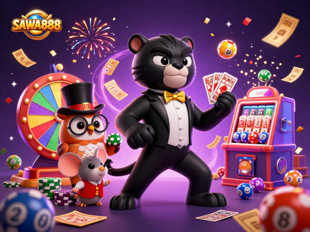 SAWA888 showcases a stylish black panther dealer with vibrant game elements symbolizing ultimate casino excitement.