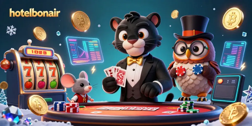 Experience the lively casino atmosphere at hotelbonair with a stylish panther character elegantly dealing cards in a vibrant scene.