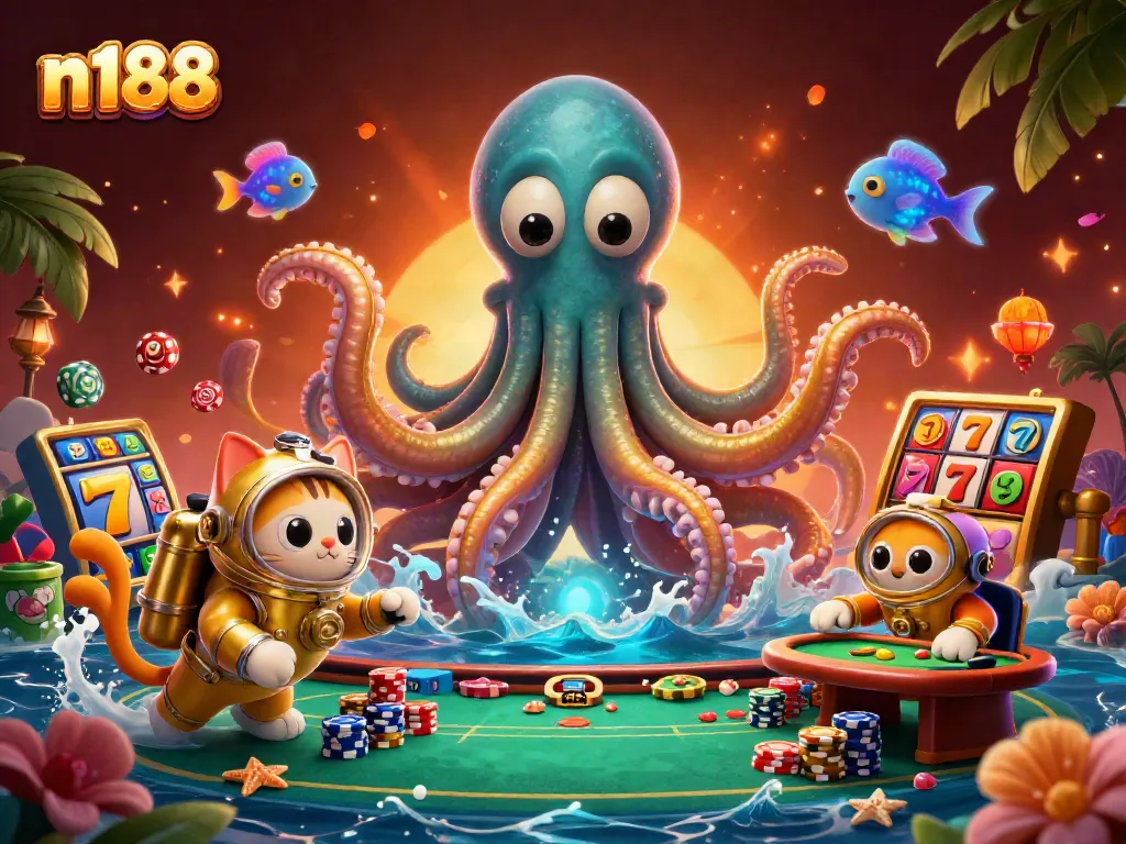 Engage with n188's vibrant gaming scene featuring a kraken, diving cat, and slot machines.
