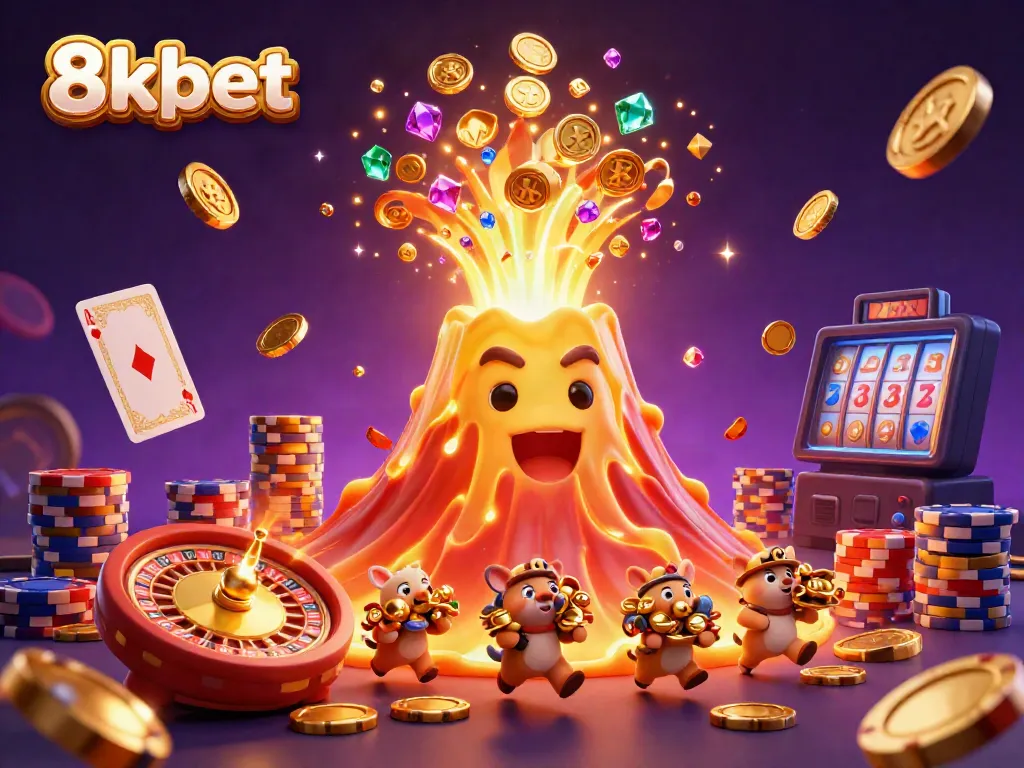 Win big with 8xbet at this exciting online casino, featuring a golden volcano and treasure.