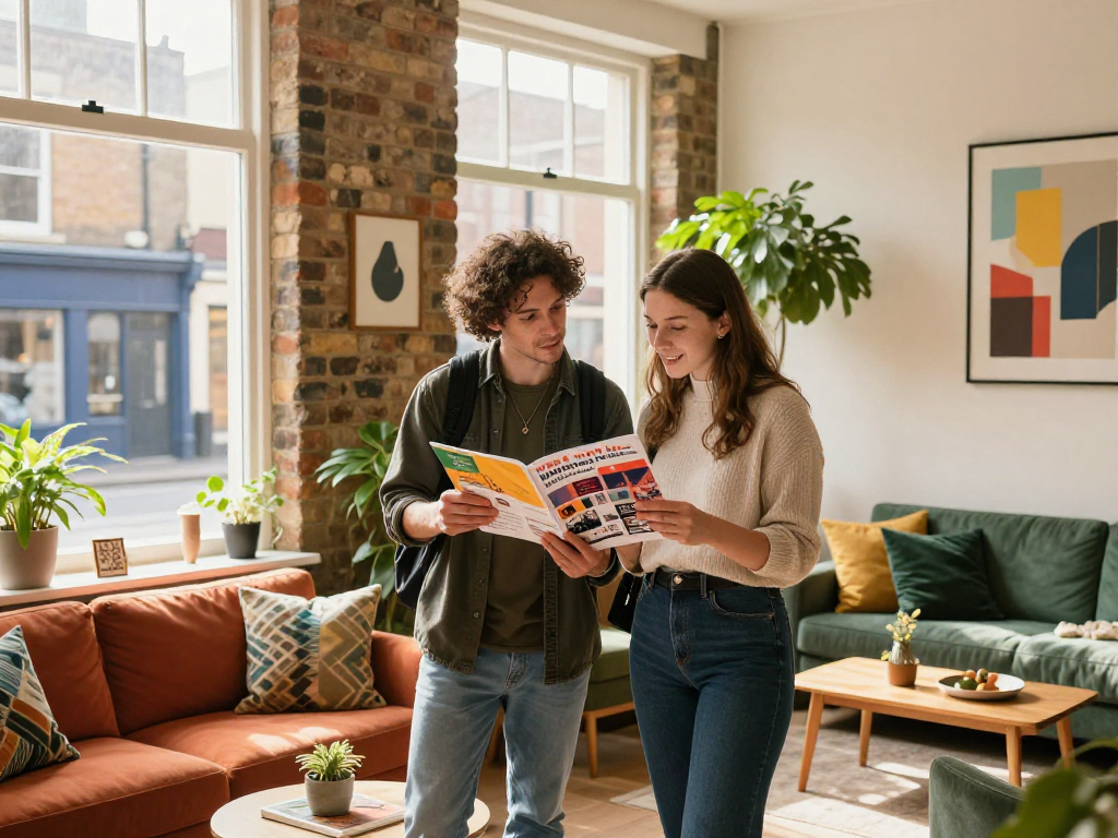 Couple enjoying airbnb management Sheffield with local attractions brochure in stylish property.