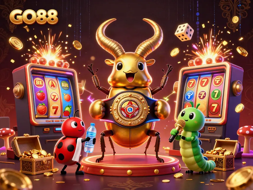 Engage with GO88 casino through a vibrant illustration showcasing a golden stag beetle in a boxing ring with colorful slot machines.