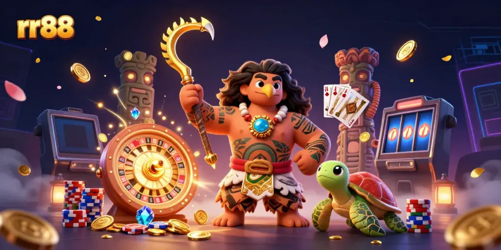 Experience thrilling gameplay and jackpots at rr88 with a vibrant 3D illustration of a hawk demigod surrounded by casino elements.