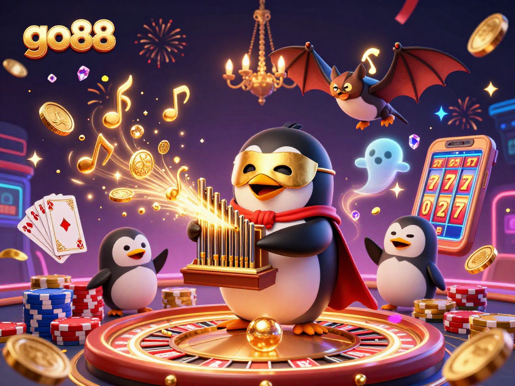 Experience go88 with vibrant casino elements including a penguin organ player and golden coins!