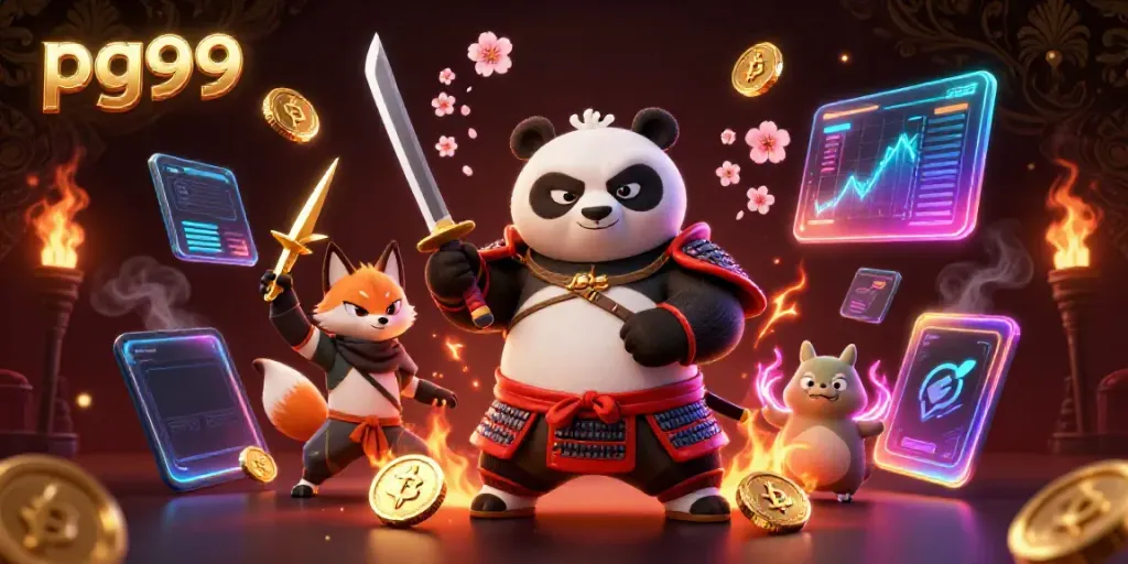 Engage with pg99 through a dynamic illustration of samurai panda and ninja fox amidst a vibrant casino scene.