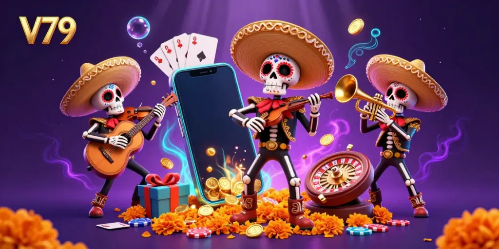 Engage in exciting gaming with V79 featuring a colorful mariachi band amidst vibrant casino elements.