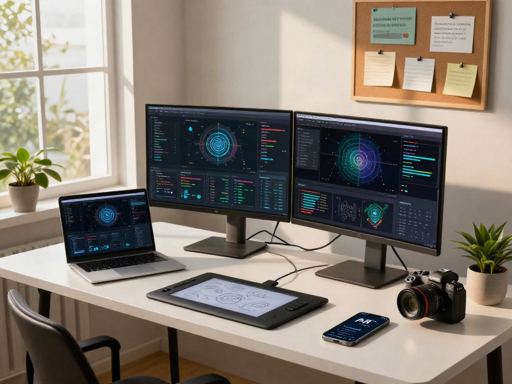 Data scientist engaging with juicy ai models in a modern workspace filled with technology and creativity.