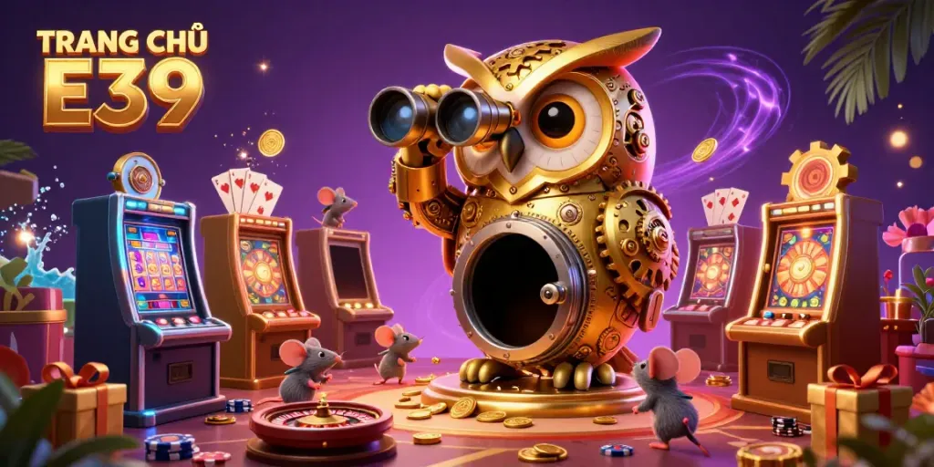 Engage with the exciting TRANG CHỦ E39 casino scene featuring a golden owl surveying slot games while lively mouse patrons explore around.