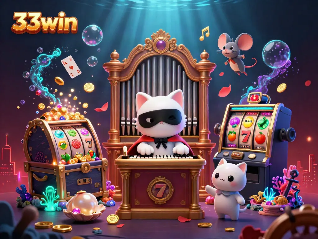 Experience thrilling gaming with 33win featuring an exciting casino scene of a phantom cat at a pipe organ.