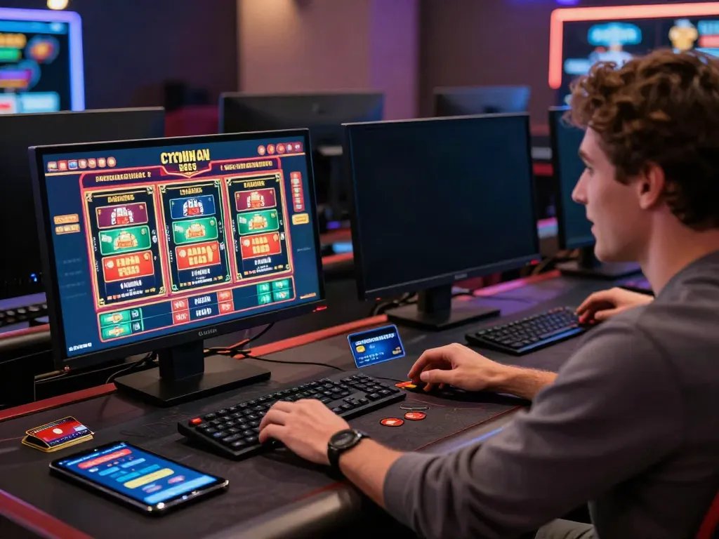 Experience the excitement of a credit card casino with a player immersed in vibrant slot games.