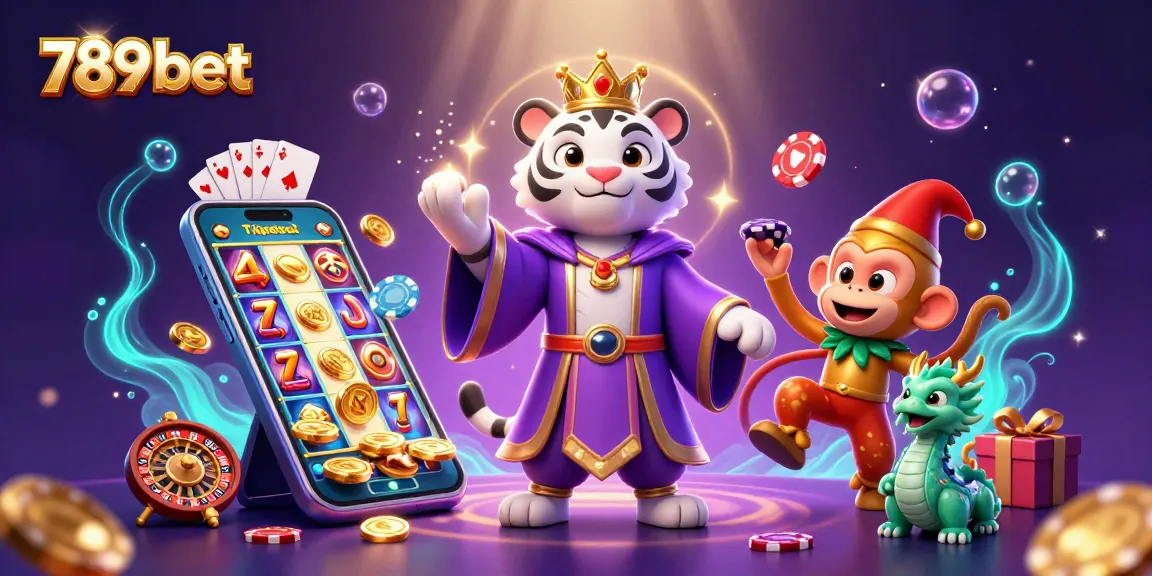 Engage with 789 bet in a vibrant casino scene featuring a royal tiger, jester monkey, and jade dragon.