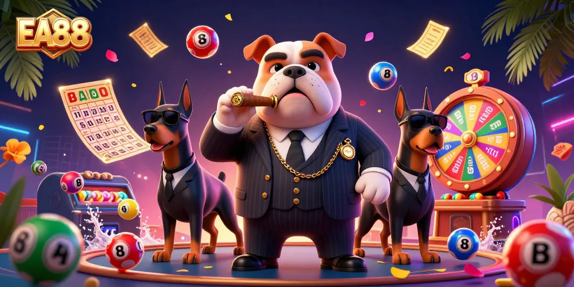 EA88 casino scene featuring a cartoon bulldog and bodyguards amidst colorful lottery balls.