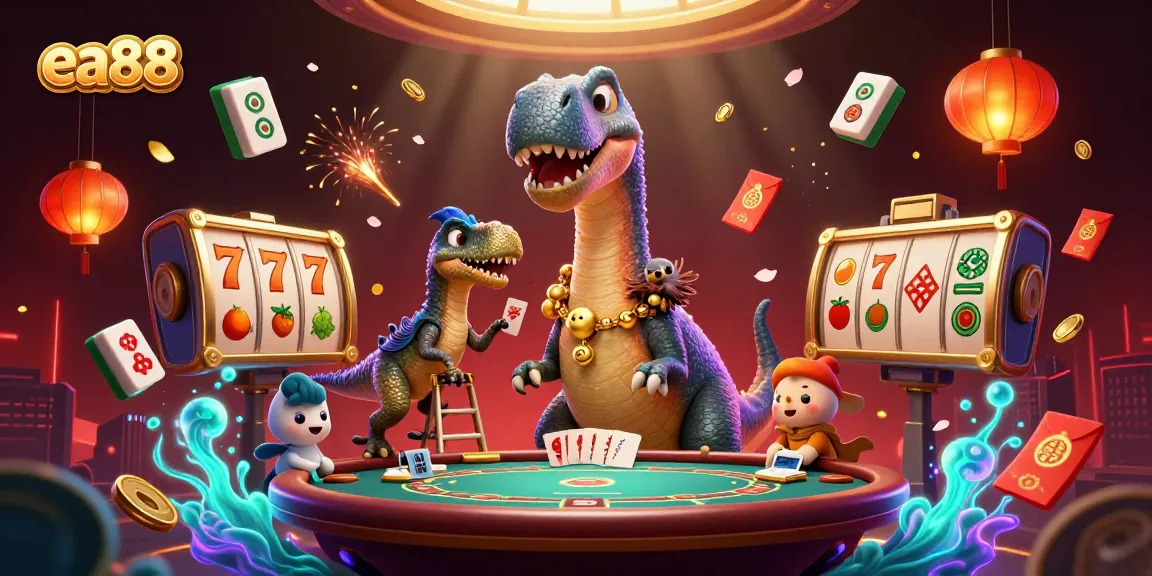 Experience thrilling gameplay at ea88 with a whimsical 3D casino scene featuring dynamic characters and vibrant casino elements.