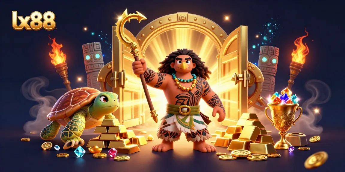Experience the thrill of lx88 with a dynamic scene of treasure, characters, and vibrant casino elements.