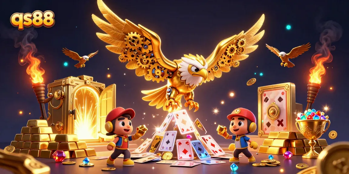 Engage with qs88 through an action-packed gaming scene featuring a golden eagle and vibrant casino elements.