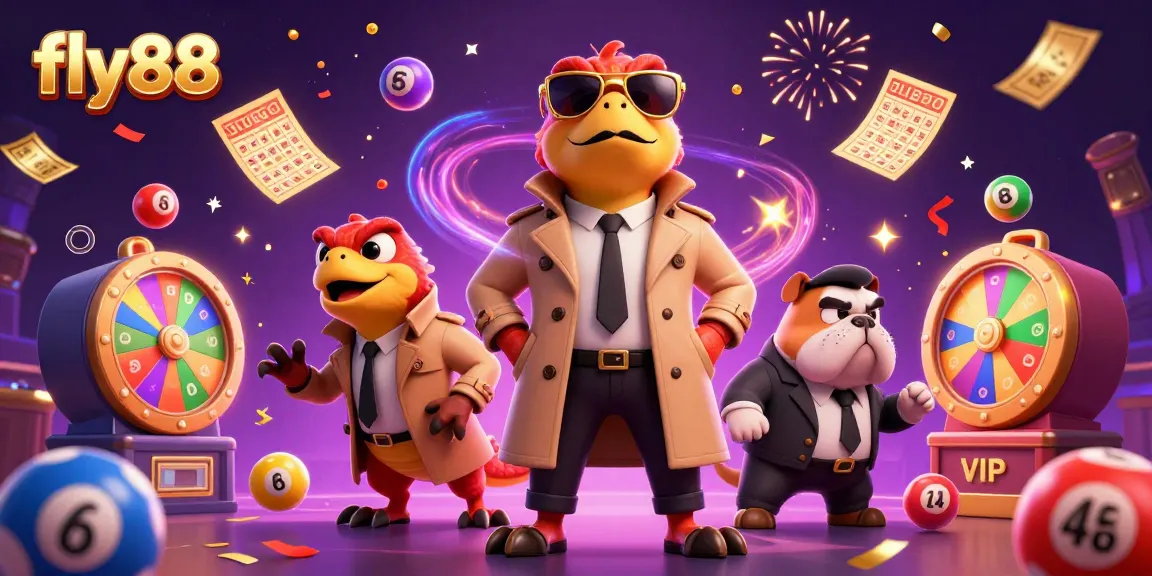 Experience the excitement of fly88 with vibrant lottery elements and cartoon raptors in a casino scene.