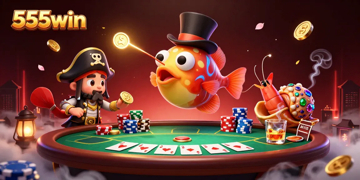 Engage with 555win as an anglerfish attracts golden coins, showcasing vibrant casino action.