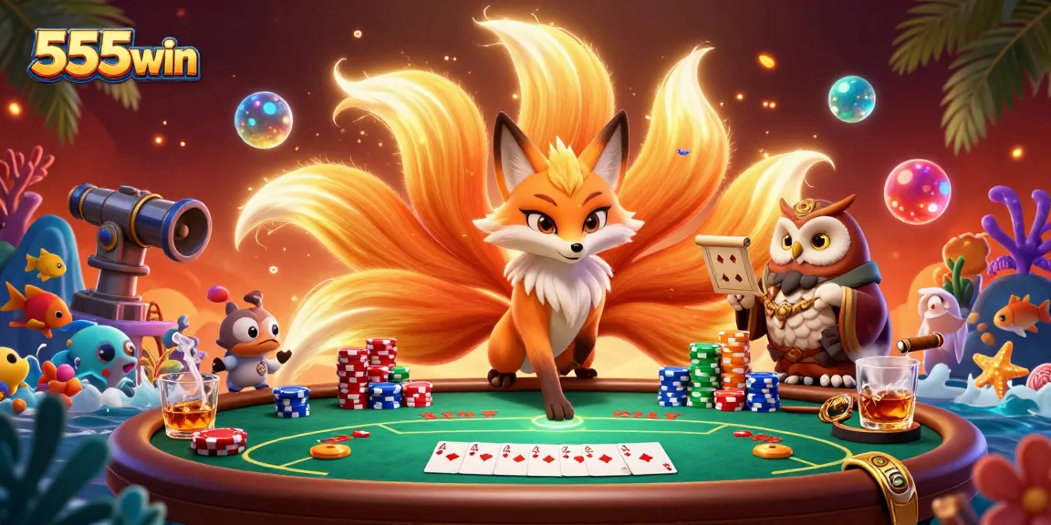 Engage with 555win's vibrant fish shooting game featuring a nine-tailed fox spirit and colorful underwater elements.