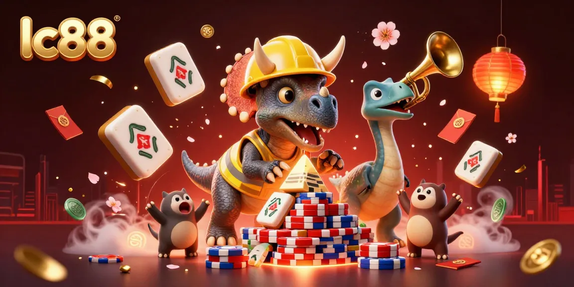 Celebrate big wins at lc88 with a lively casino scene featuring a triceratops and festive elements.
