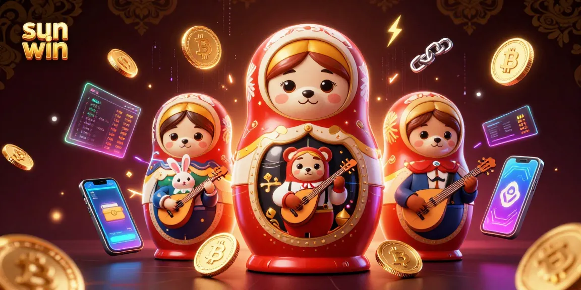 Engage in thrilling gameplay at sun win with festive casino characters and glowing cryptocurrency elements.